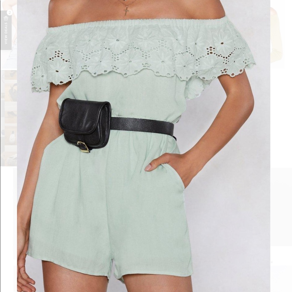Sea green lace off the shoulder romper